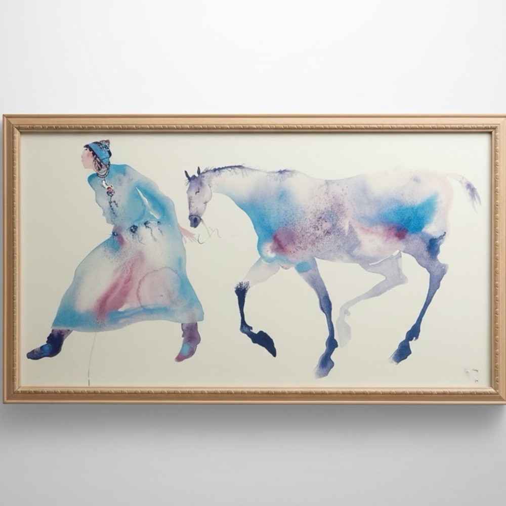 Large lithographic print titled "Walking Horse Woman" by Cherokee Carol Grigg